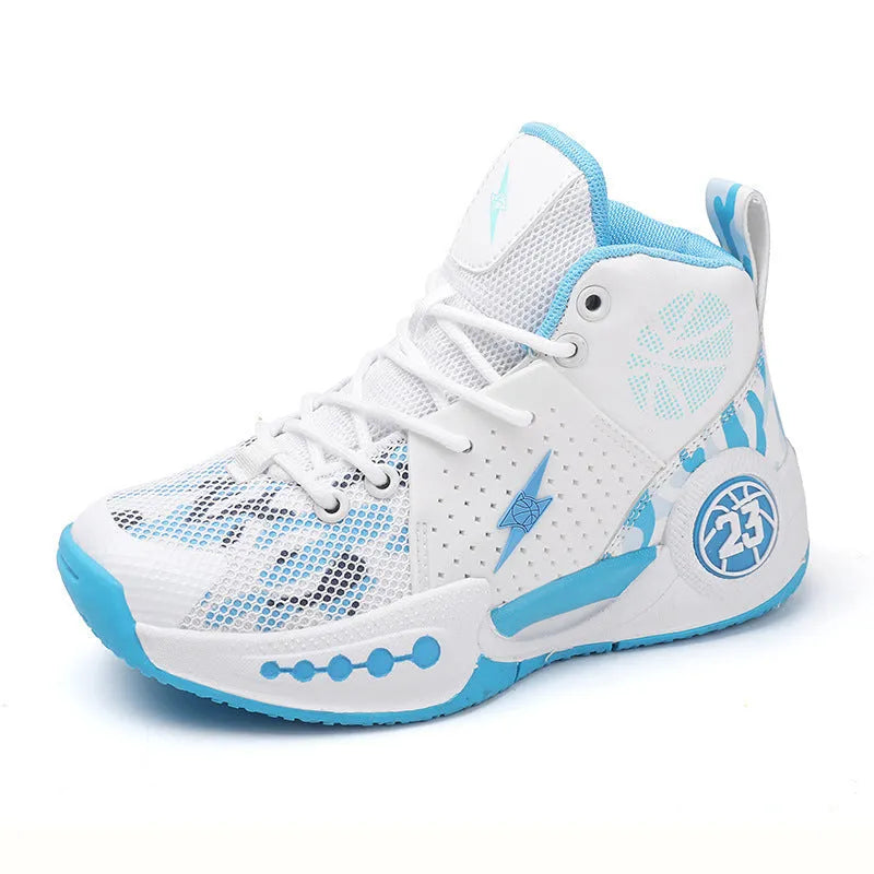 Children's mesh non-slip basketball shoes, breathable upper, rubber sole, sizes 31-45, front lace-up fastening