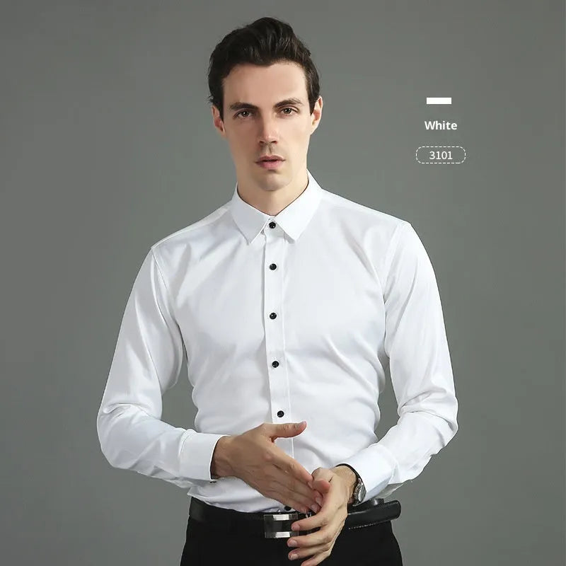 Casual four-way stretch long sleeve shirt in solid colour, slim fit cardigan style with 60 count synthetic fibre fabric