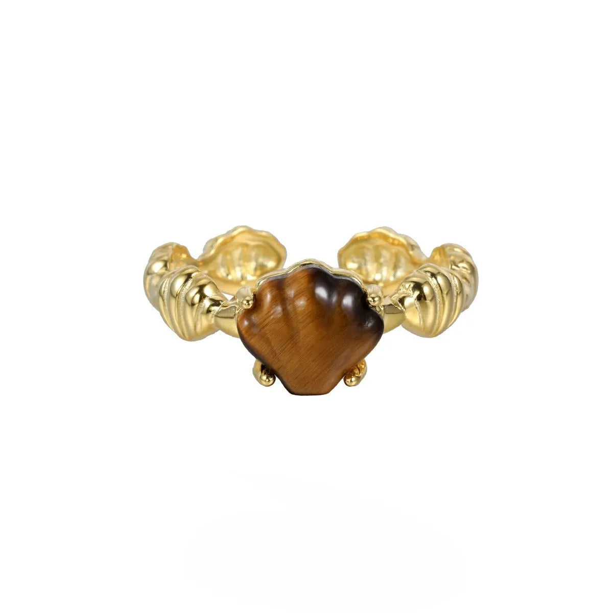 Adjustable silver ring with shell design and tiger eye gemstone in gold electroplated finish