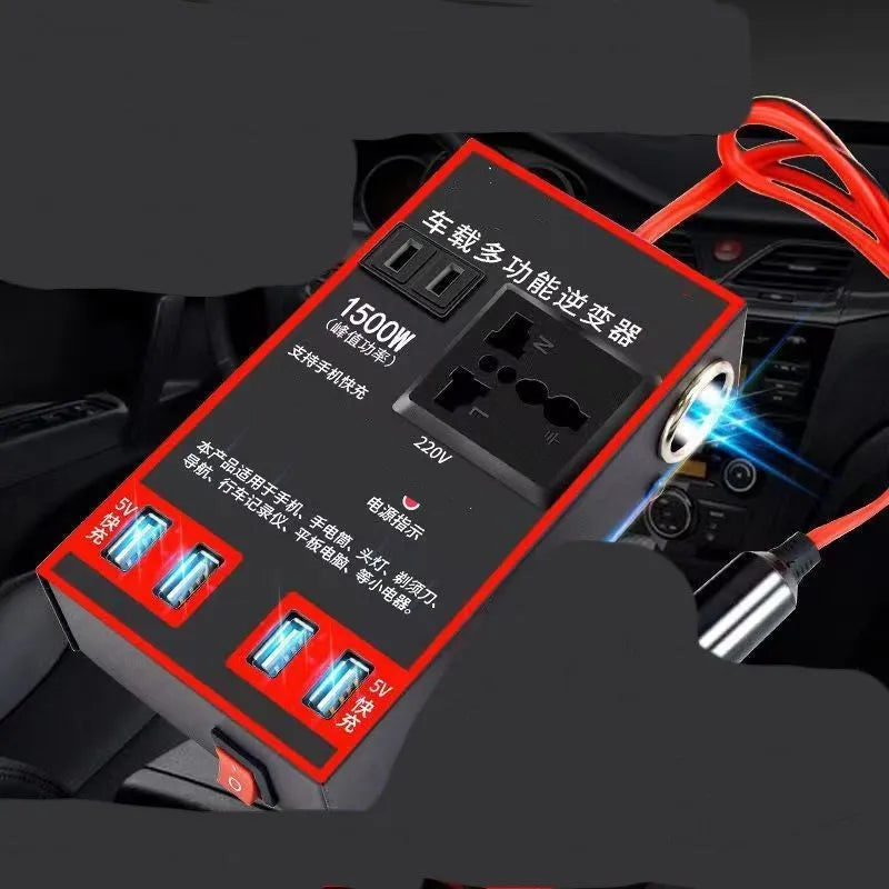 Black automotive power converter with 220V socket and USB ports for car cigarette lighter