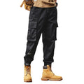 Men's loose straight cargo trousers in black, army green or khaki, 100% polyester, sizes M to 5XL, mid waist plain overalls.