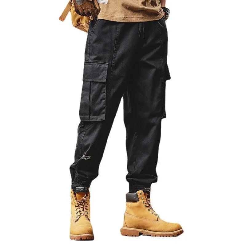 Men's loose straight cargo trousers in black, army green or khaki, 100% polyester, sizes M to 5XL, mid waist plain overalls.