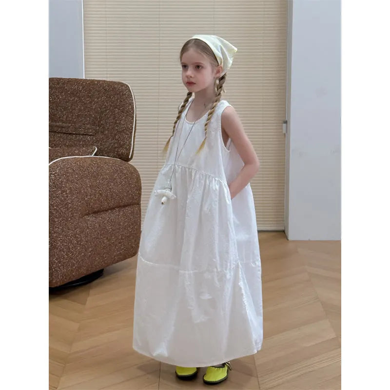 Girls white cotton suspender dress with dot pattern, summer French style, sizes 90cm to 150cm