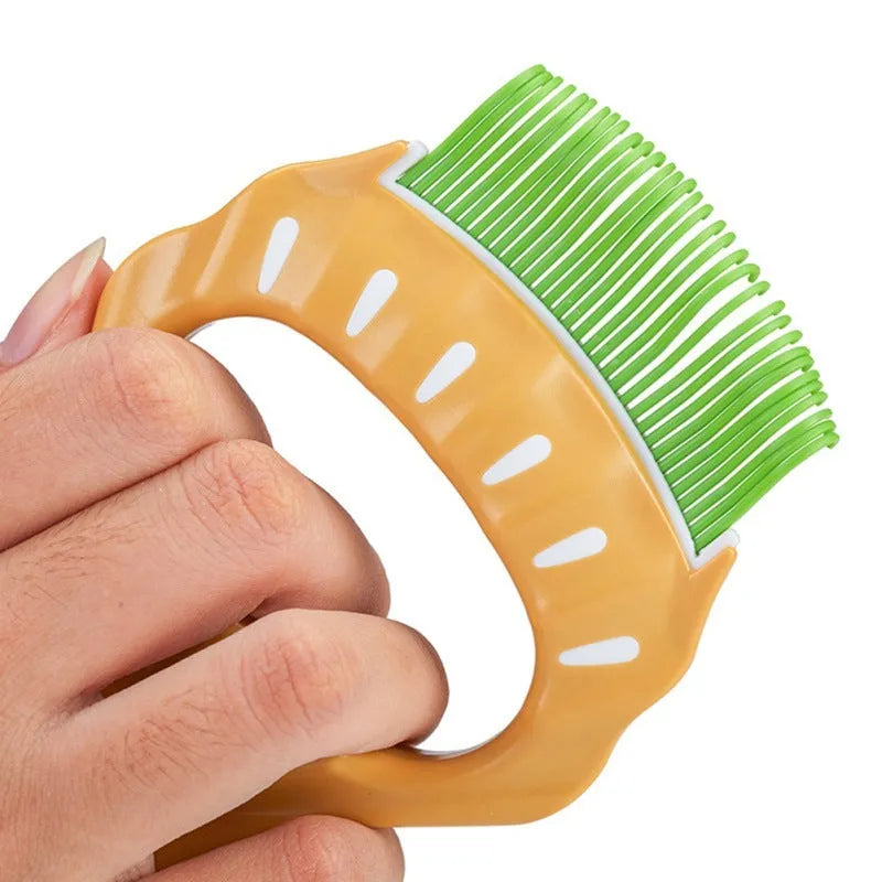 Shell-shaped plastic pet grooming brush with bent wire bristles and anti-slip handle in green colour