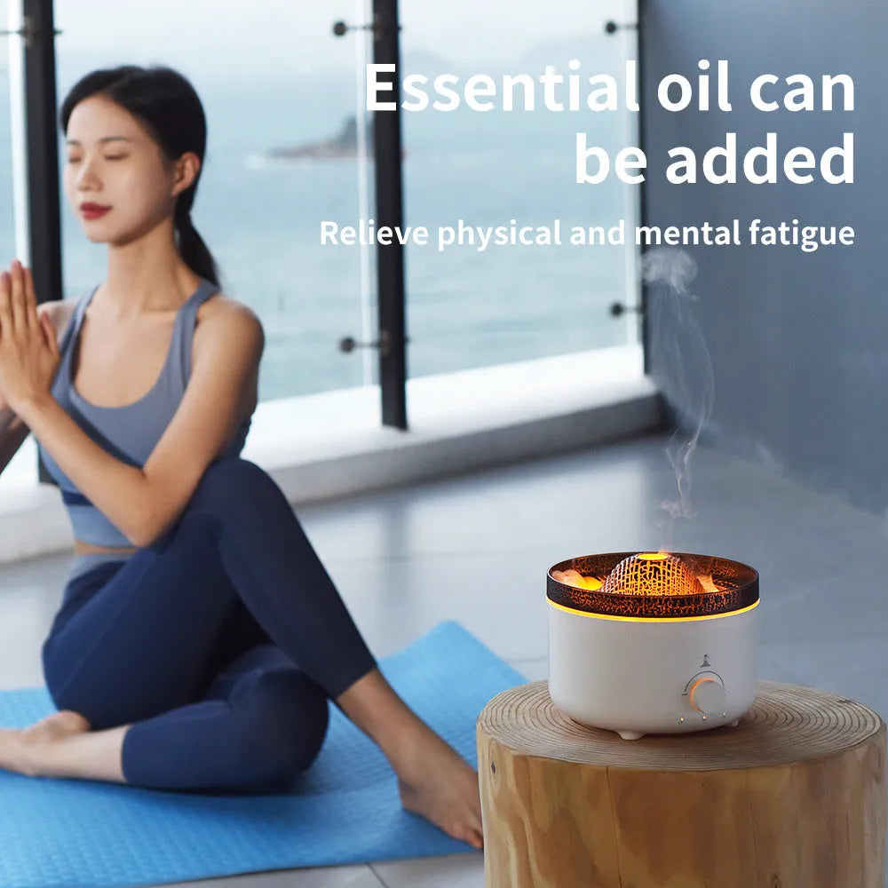 White columnar volcano humidifier with simulated flame lighting effect and remote control