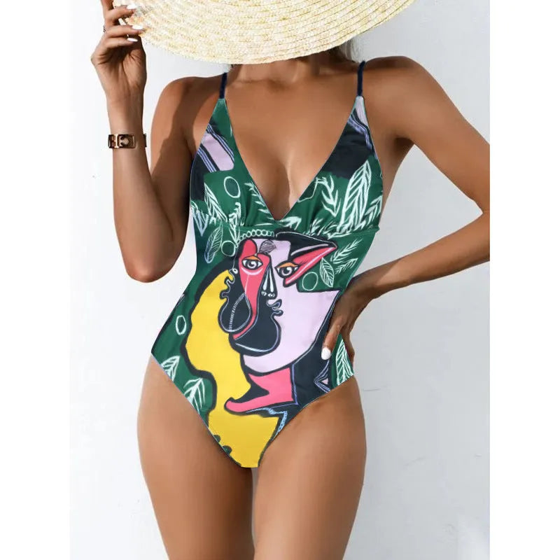 Plus size blue one-piece swimsuit with backless design on a mannequin, showing high elasticity fit.