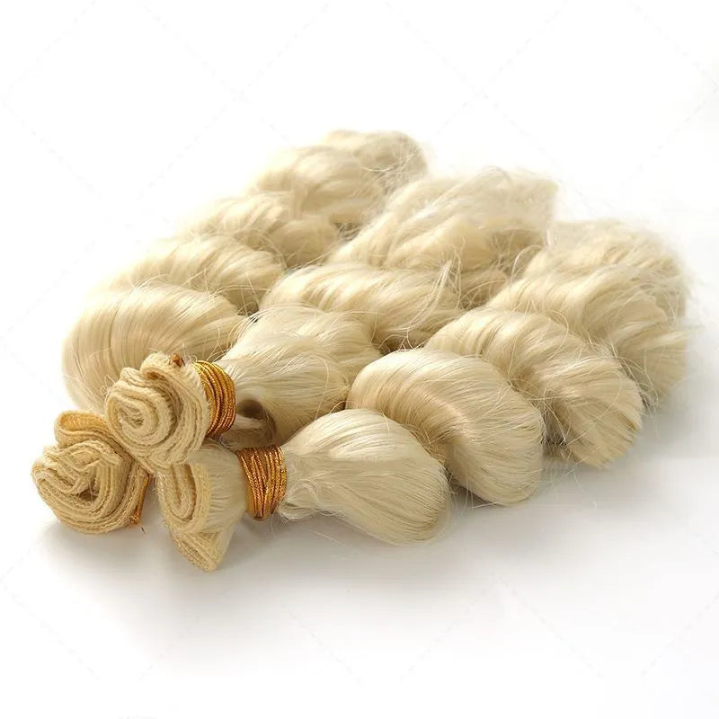 Golden blonde synthetic women's wig shown in 18, 20, and 22 inch length options