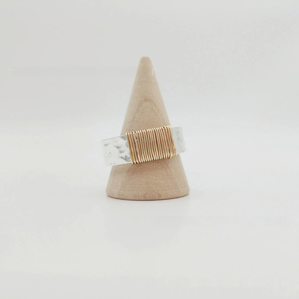 Copper unisex geometric ring with irregular coil design, silver gold electroplated finish, wide face, sizes 5 to 11