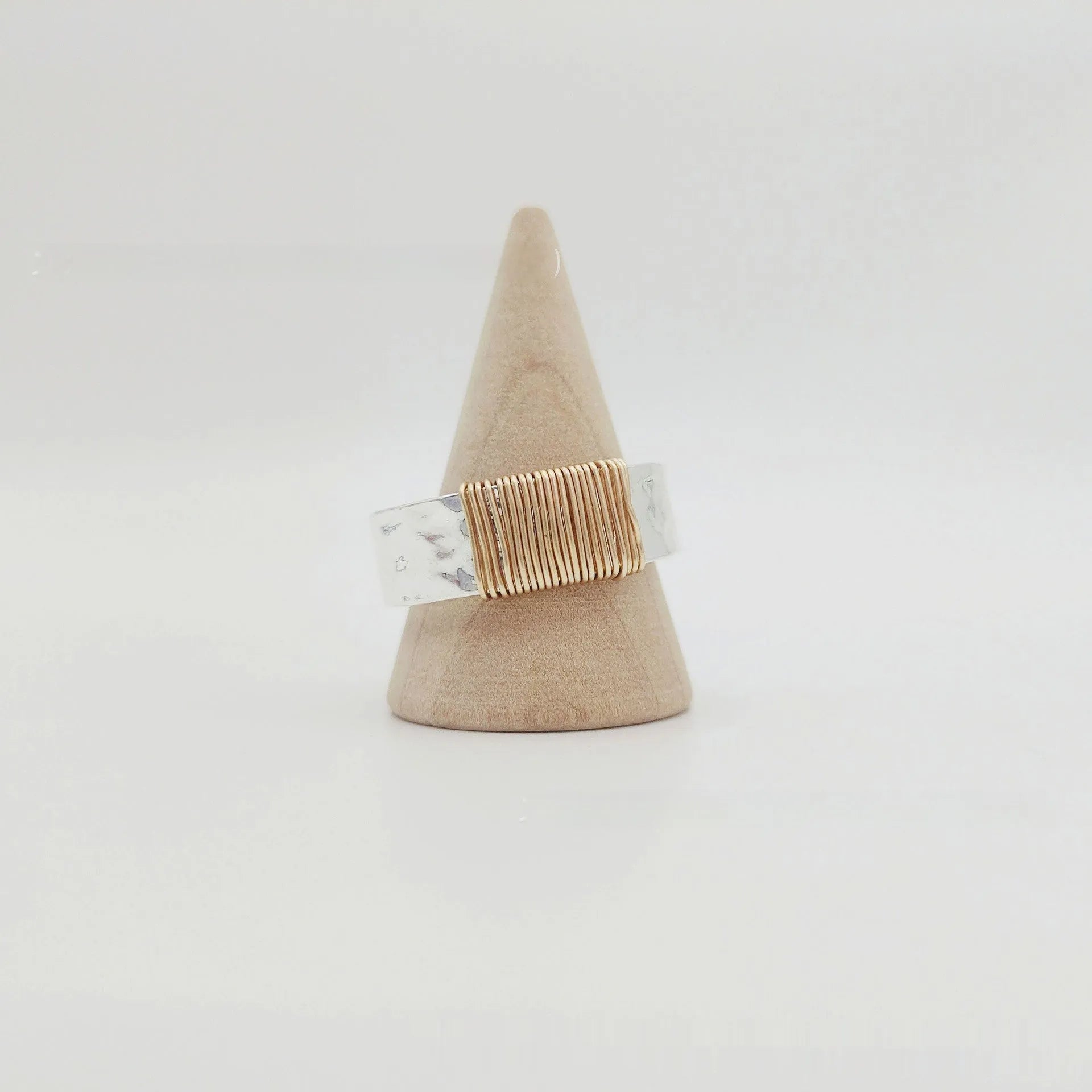 Copper unisex geometric ring with irregular coil design, silver gold electroplated finish, wide face, sizes 5 to 11