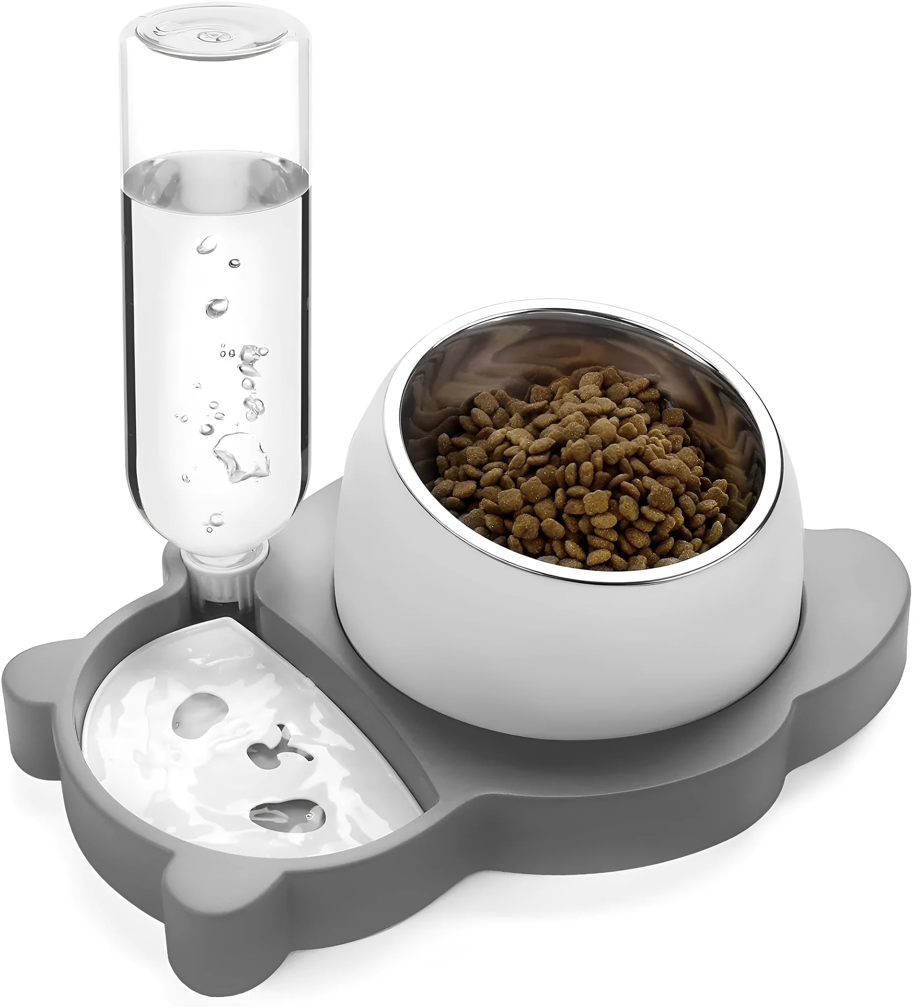 Grey tilted elevated pet bowl set with automatic water dispenser bottle and panda design