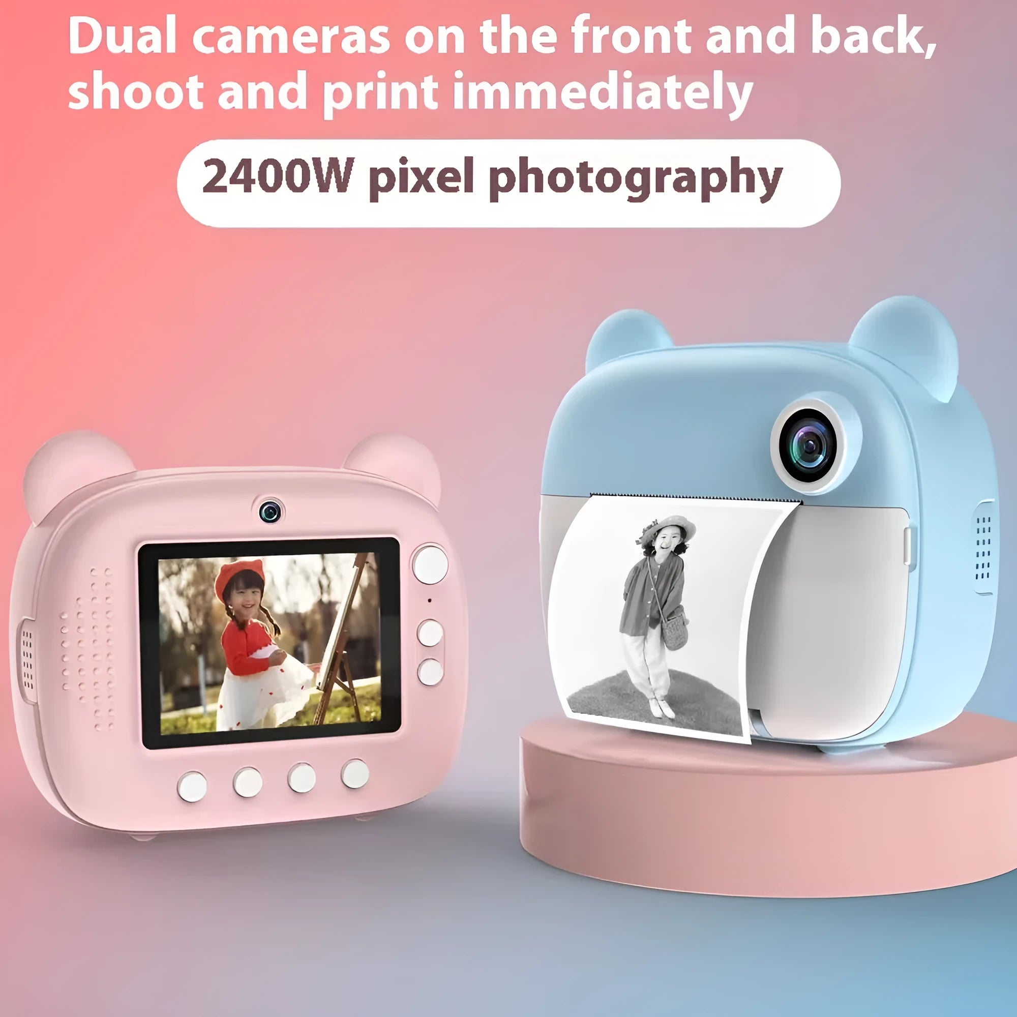 A pink children's SLR-style toy camera with a double lens on a white background.