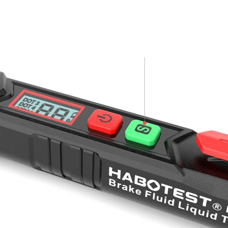 Digital brake fluid tester pen with LCD screen, batteries, and manual in box.
