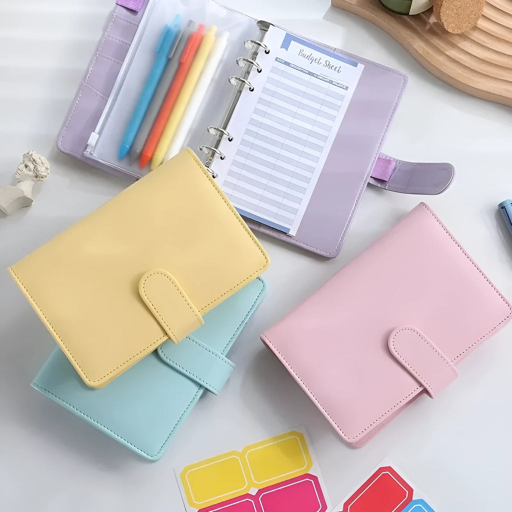 A5 PU leather zippered notebook shell in a solid colour, shown closed, for loose-leaf paper organisation.