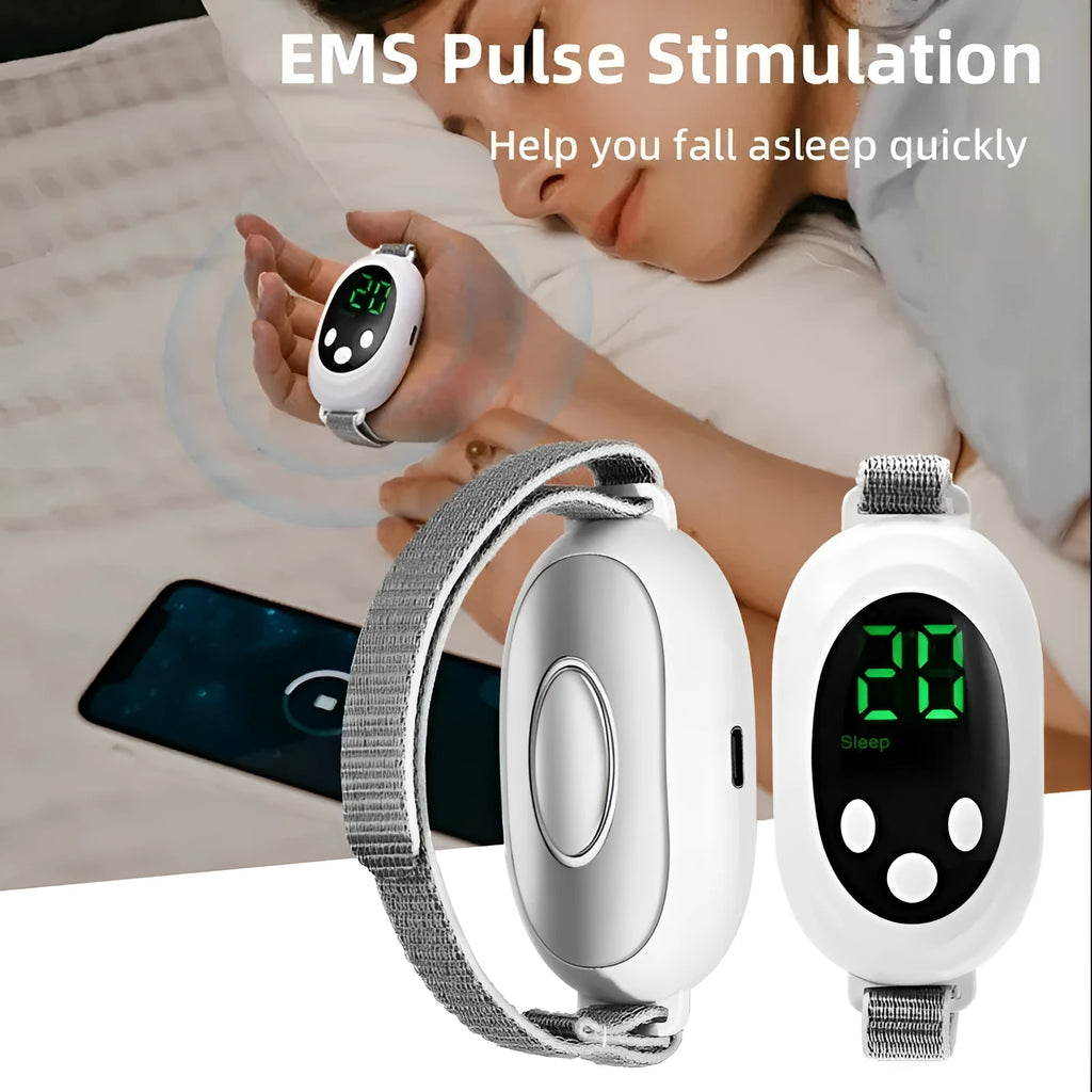 White handheld sleep aid device with sleep bracelet and charging cable showing 20 intensity settings