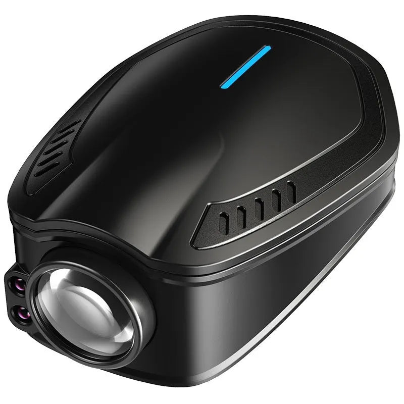 Black F2 USB rechargeable car welcome light projecting illuminated image on ground.