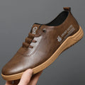 Men's lace-up casual shoes in white, brown, or black with flat heel, round toe, PU upper, PVC sole, sizes 39-45