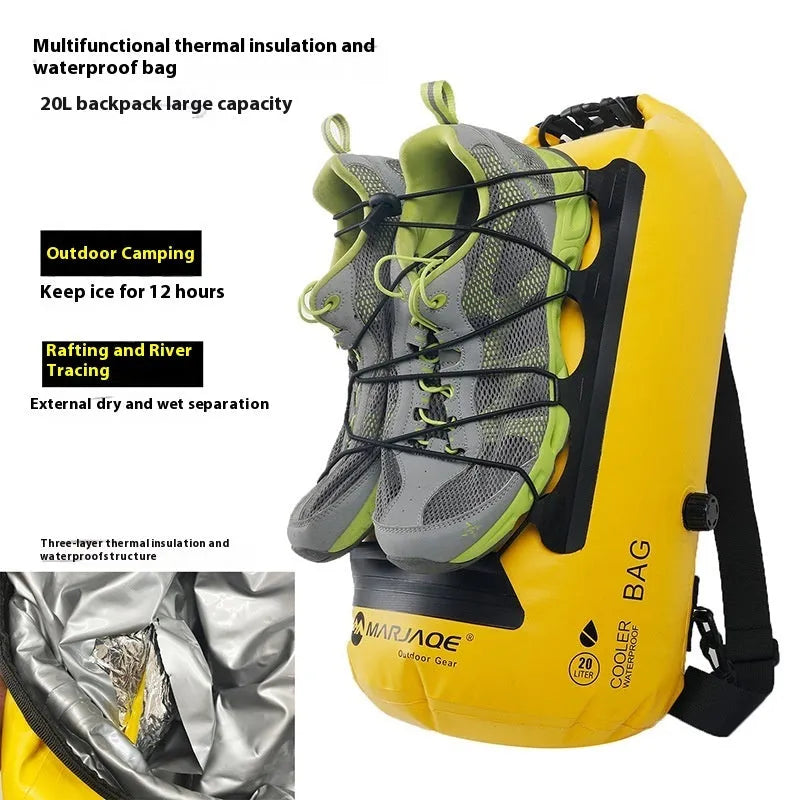 Yellow and black PVC waterproof backpack with dry-wet separation compartments for outdoor use