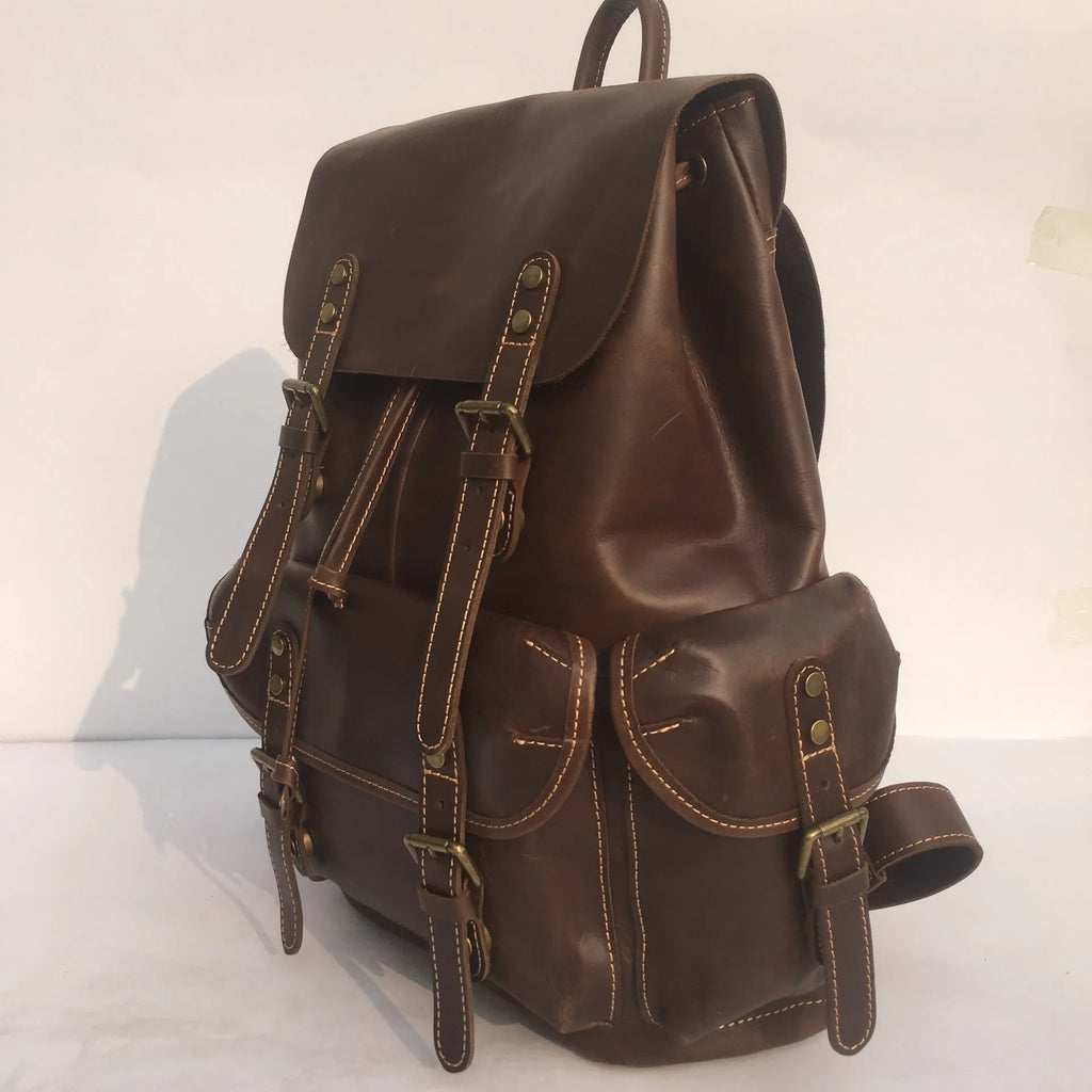Coffee brown genuine leather men's backpack with air pillow belt comfort system