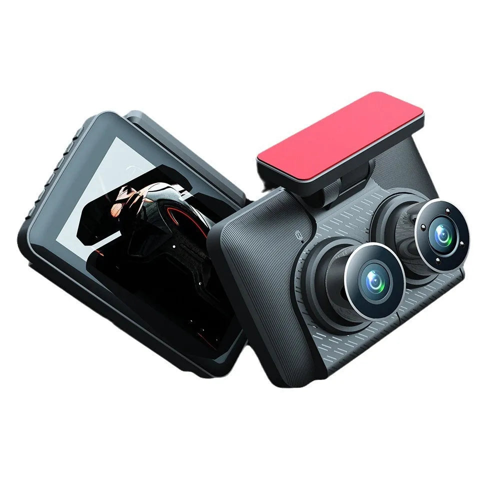 Black 4 inch touch screen car dashcam with wide angle lens mounted on windshield