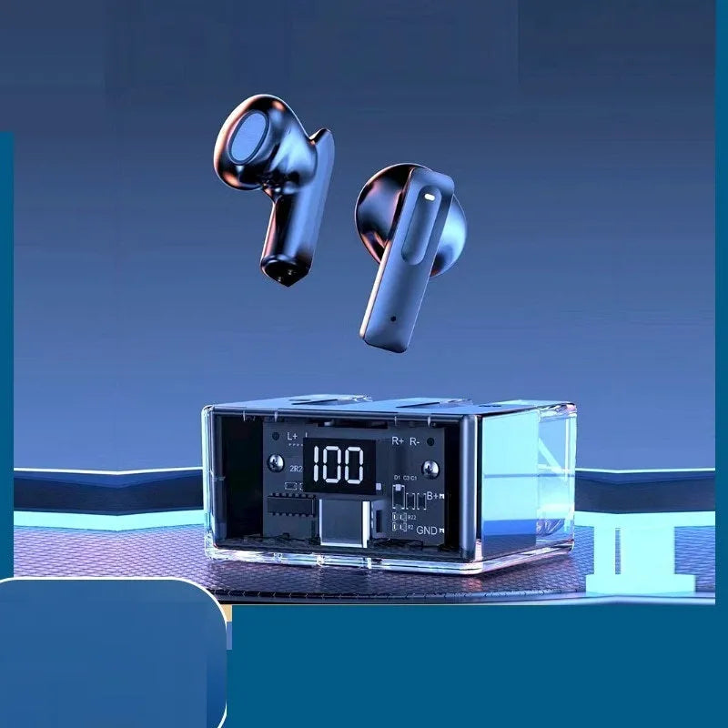 Transparent space capsule case true wireless Bluetooth headset showing internal components