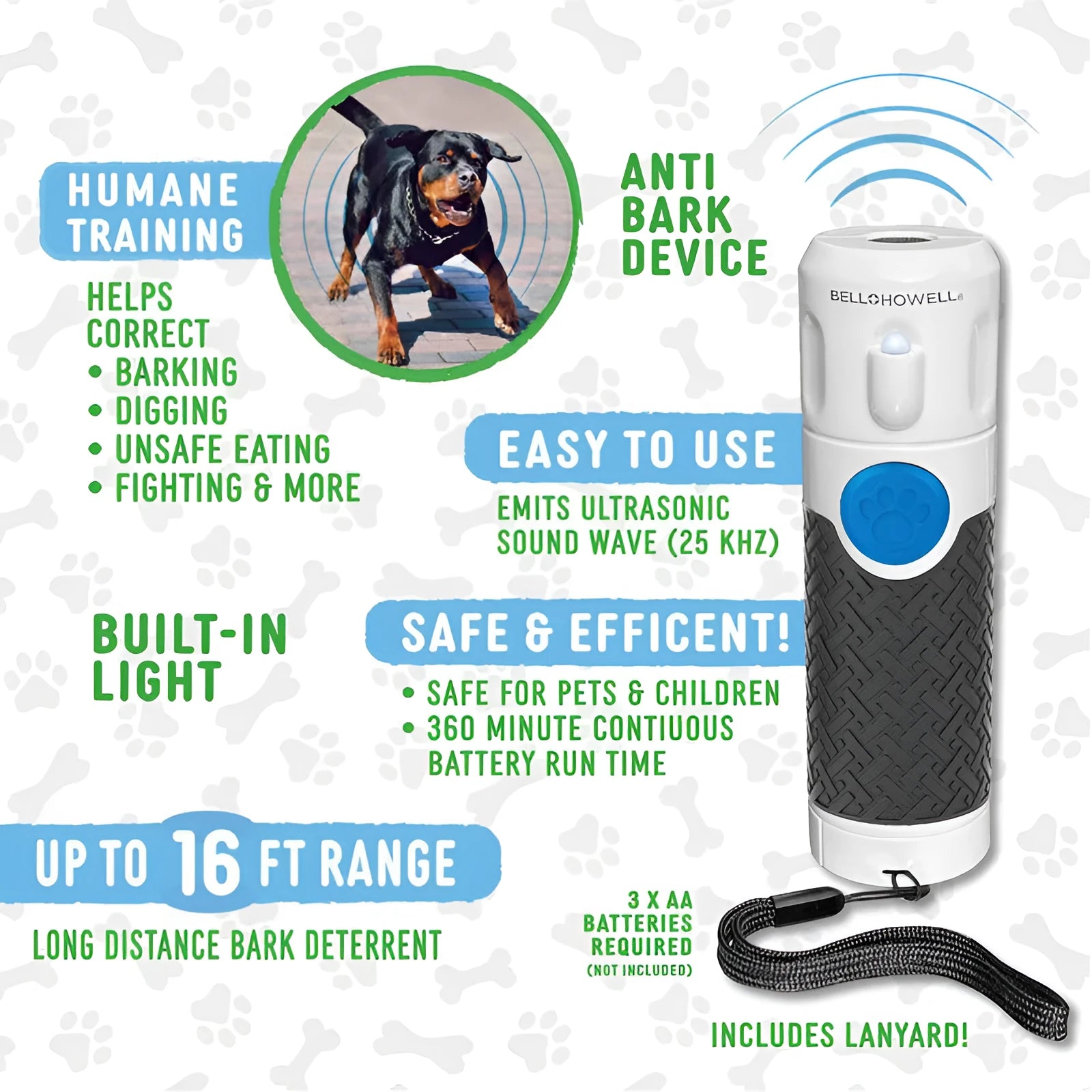 White handheld ultrasonic dog bark control trainer device on a plain background.