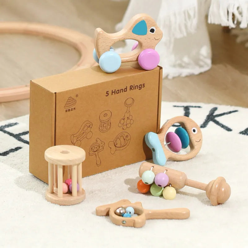 Wooden baby five piece colour ring toy set with ringing toys in leather box for early education