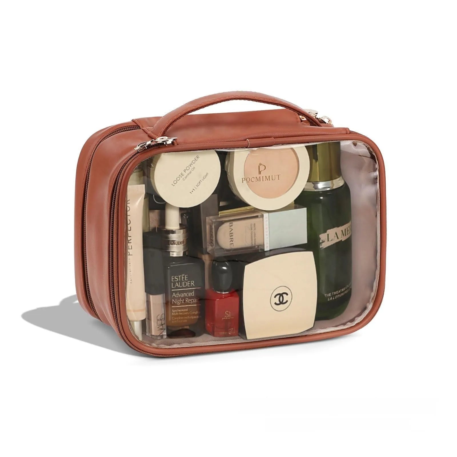PVC leather transparent cosmetic bag in multiple colours showing waterproof construction and organisation compartments