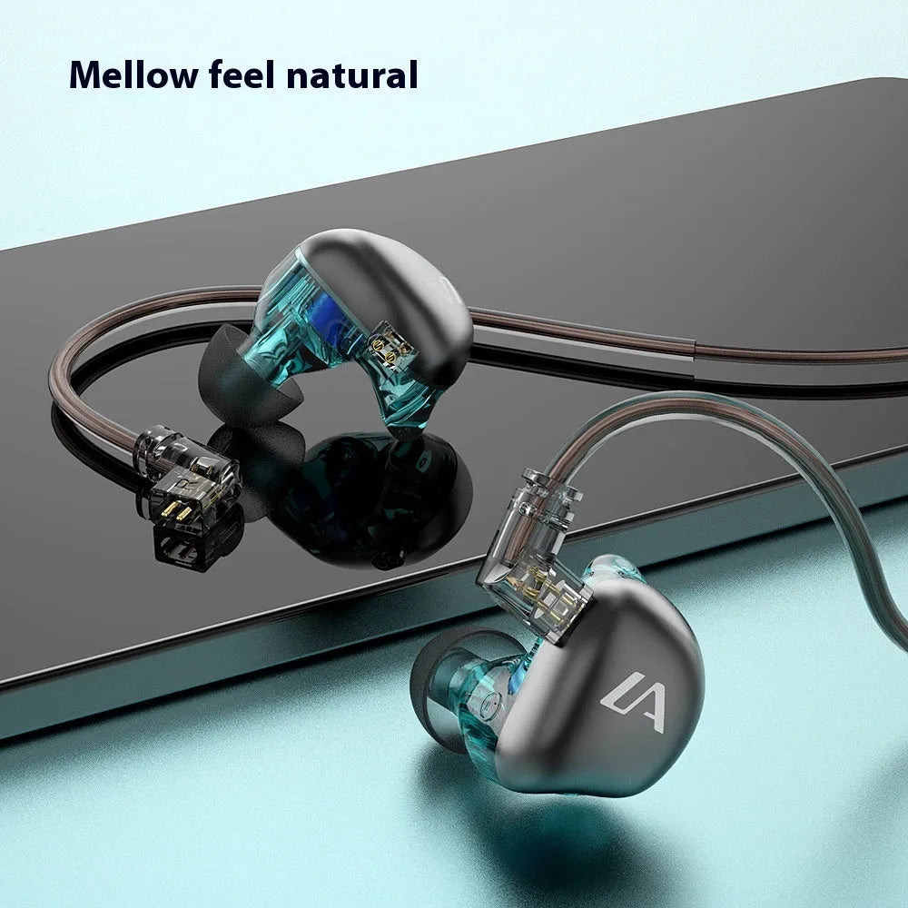 Ear hook wired in-ear headphones with 3.5mm plug, 1.2m silver-plated cable, and 10mm driver, shown in LE3 colour options