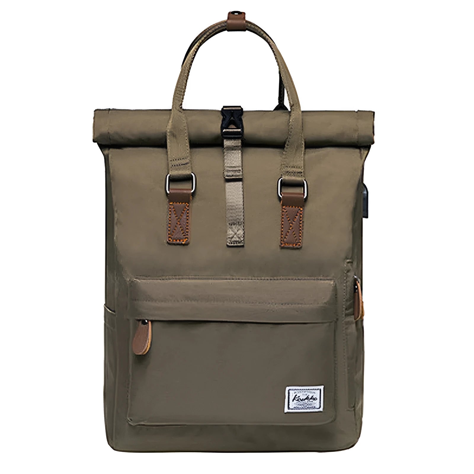 Casual black polyester backpack with cover flap open, showing interior laptop sleeve and zipper pocket.