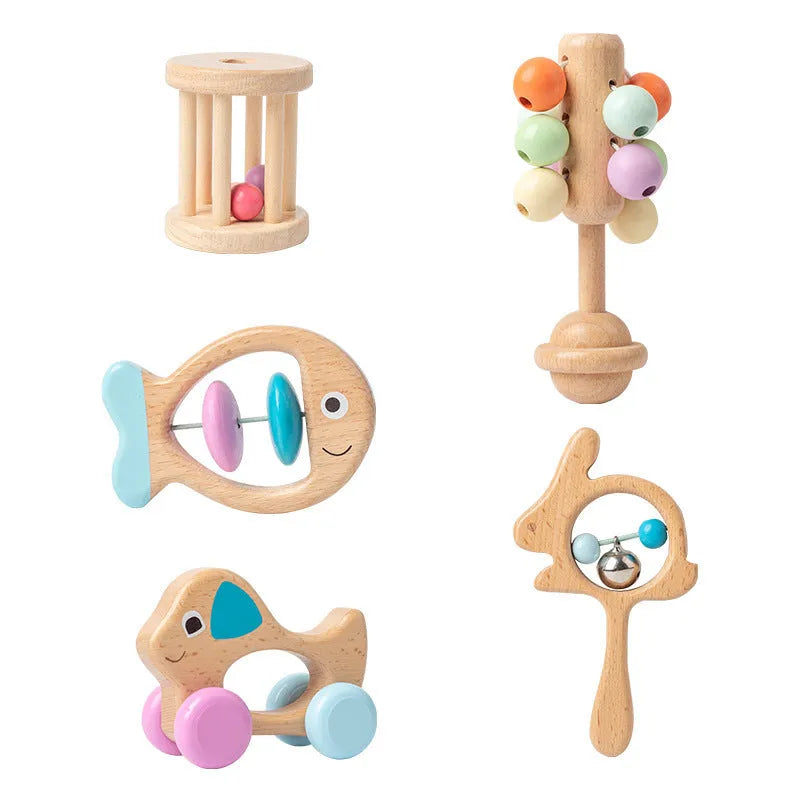 Wooden baby five piece colour ring toy set with ringing toys in leather box for early education