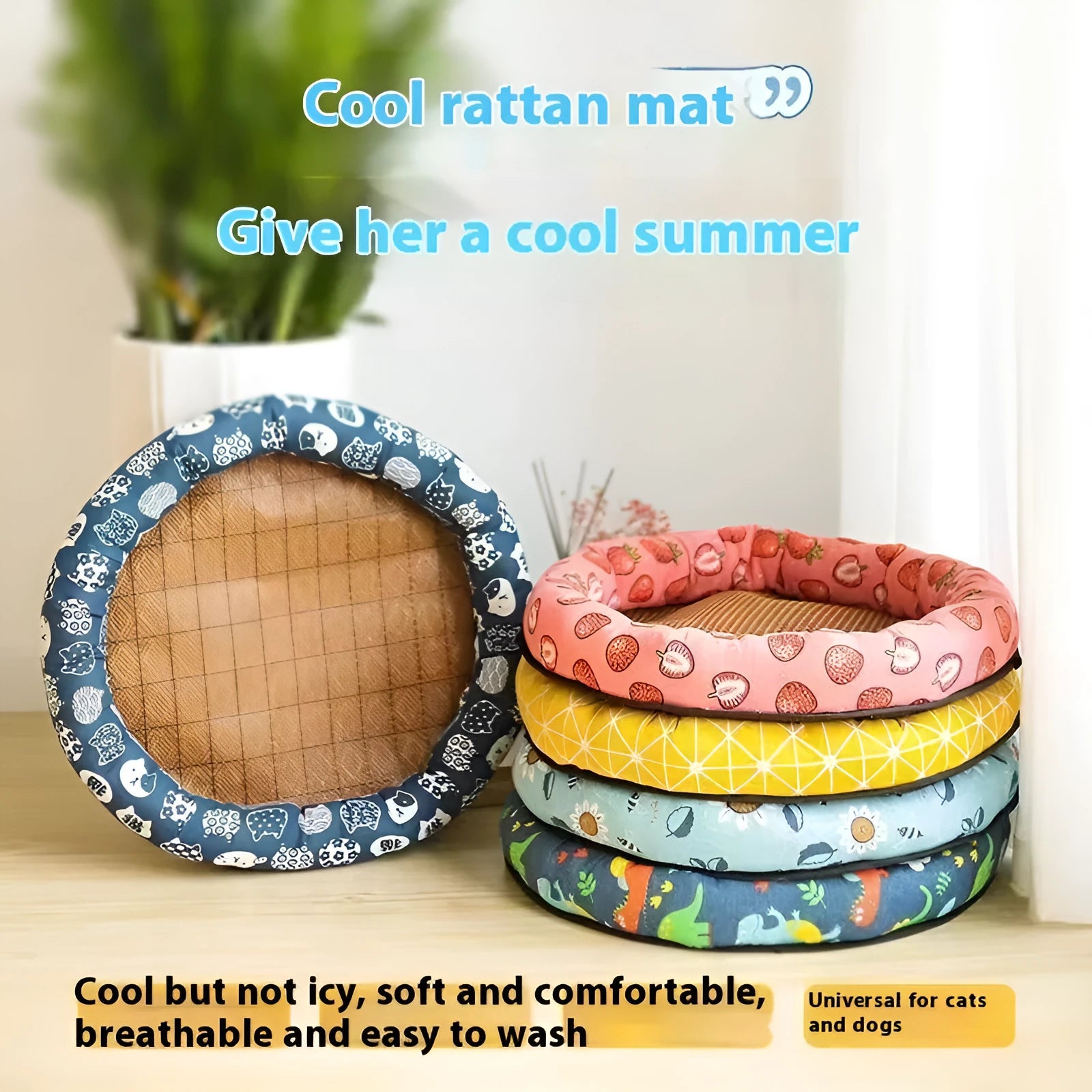 Summer pet mat cooling pad cloth material with four colour options Strawberry Blue Cat Dinosaur Small Colourful Fish universal sizes S M L XL