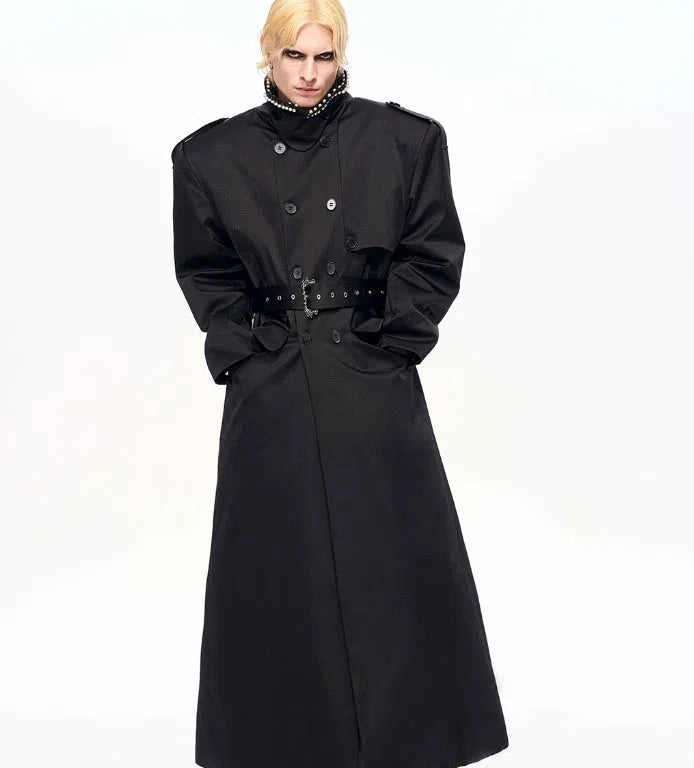 Black padded trench coat medium length cotton polyester blend front view