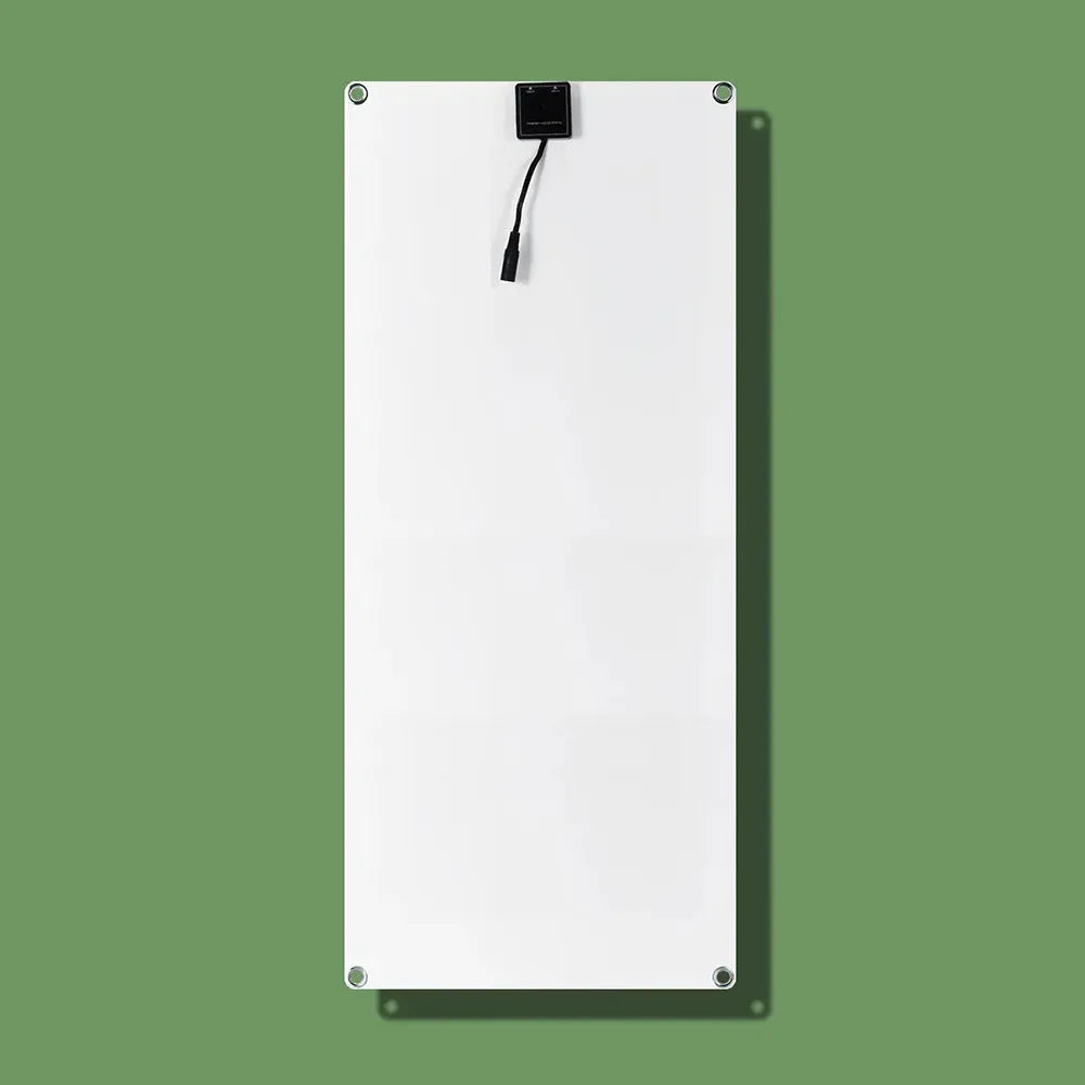 30W semi-flexible solar panel with USB and DC charging ports for outdoor use.