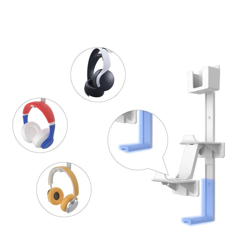 White wall-mounted plastic hook holding a game controller and a gaming headset.