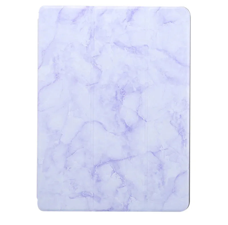 Tri-fold marbling imitation leather iPad case in dark grey with a built-in slot for an Apple Pencil.