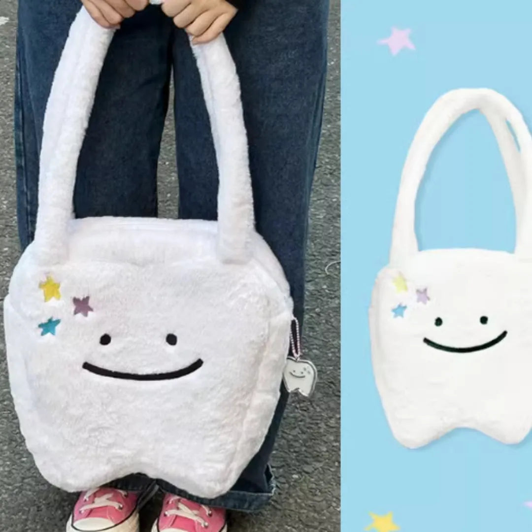 White plush large tooth shoulder tote bag with cute teeth design and crossbody strap