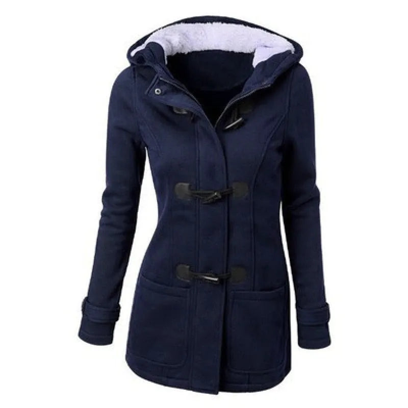 Women's solid colour hooded cotton-padded coat in slim fit polyester, available in multiple colours including black and army green.
