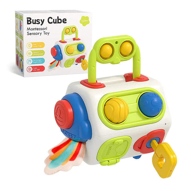 9-in-1 busy cube baby toddler toy, plastic Montessori sensory fidget busy board, 12.5 x 10 x 11cm