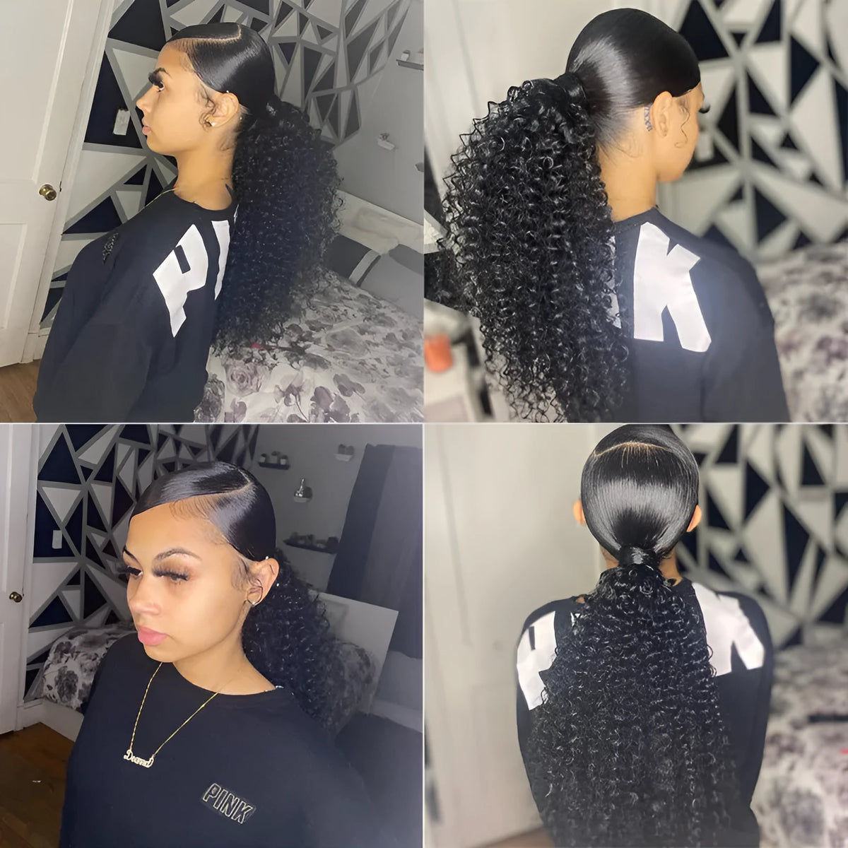 Human hair ponytail with Velcro fastening in natural kinky curly texture on black background