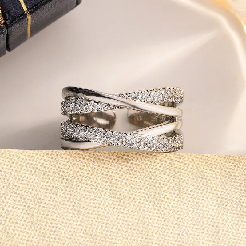 Double-layer X-shaped adjustable open ring for women in copper zirconia with starry sky motif, KYRA01781 colour