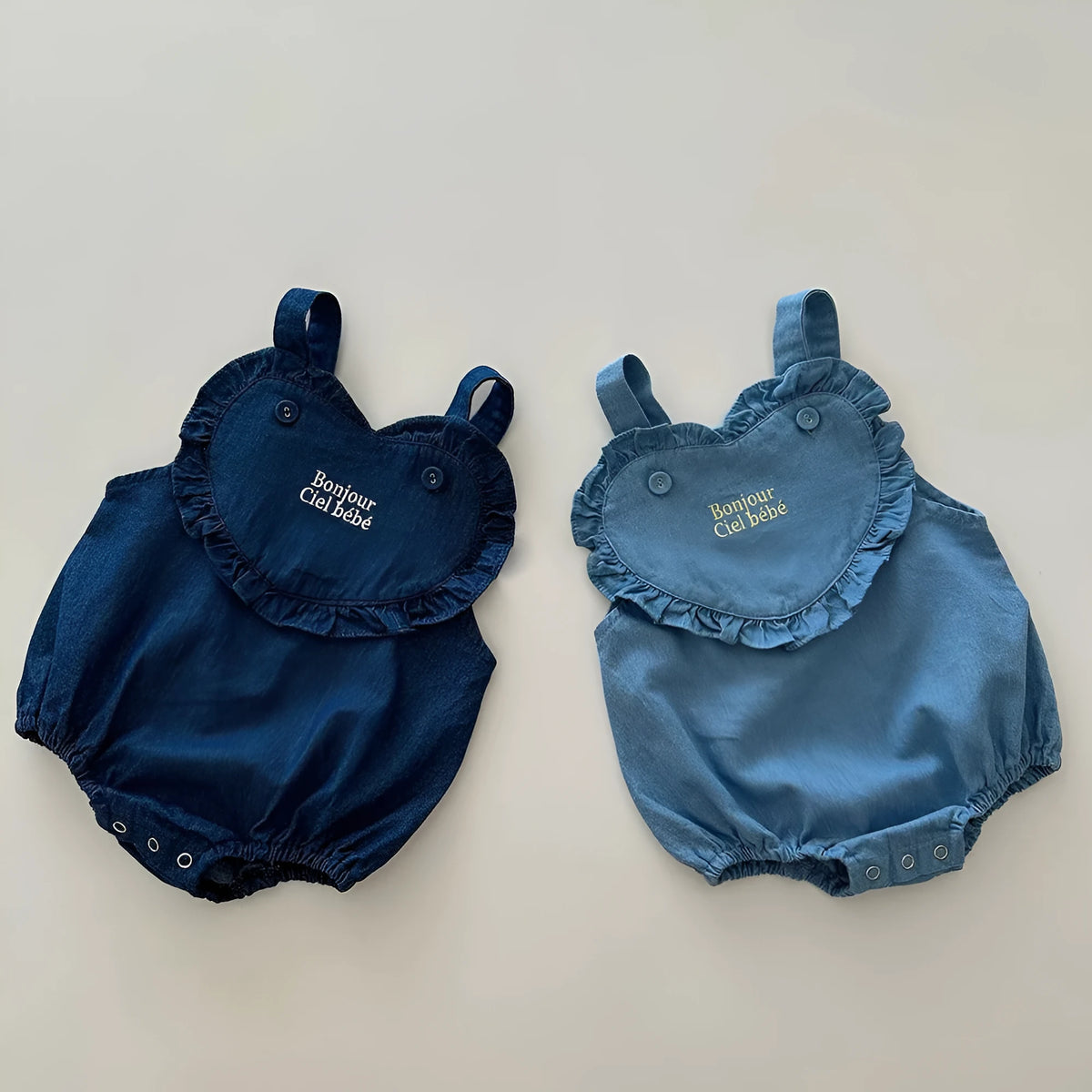 Sleeveless cotton denim baby romper in dark blue or light blue, pullover triangle jumpsuit, sizes 66cm to 100cm