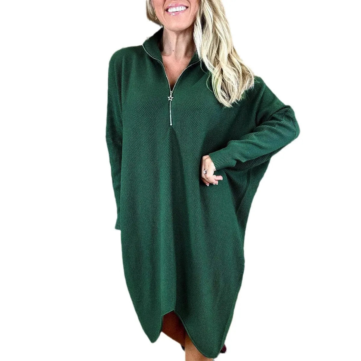 Women's solid colour knitted loose dress with zip front and raglan sleeves