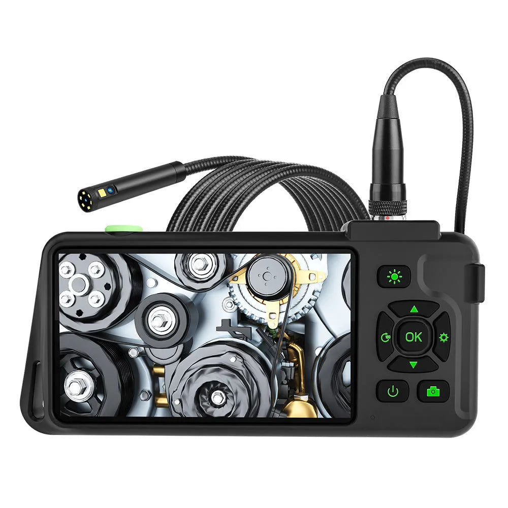 Handheld industrial endoscope with 4.5-inch screen and thin black inspection probe