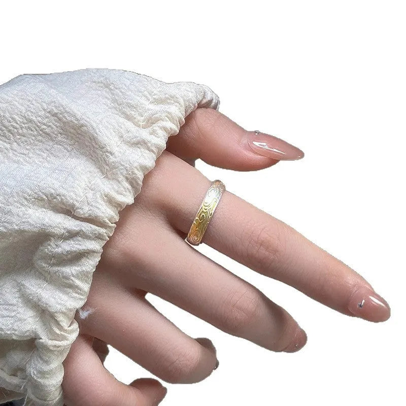 White copper open mouth ring with Xiangyun pattern, geometric fairy style, and silver gold electroplated finish.
