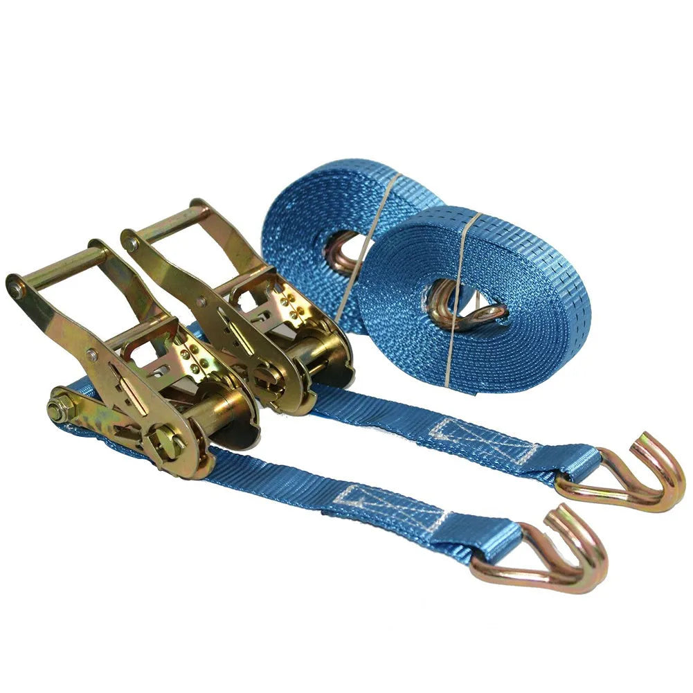 Ratchet tensioner tool with double hook straps for cargo binding and furniture fastening