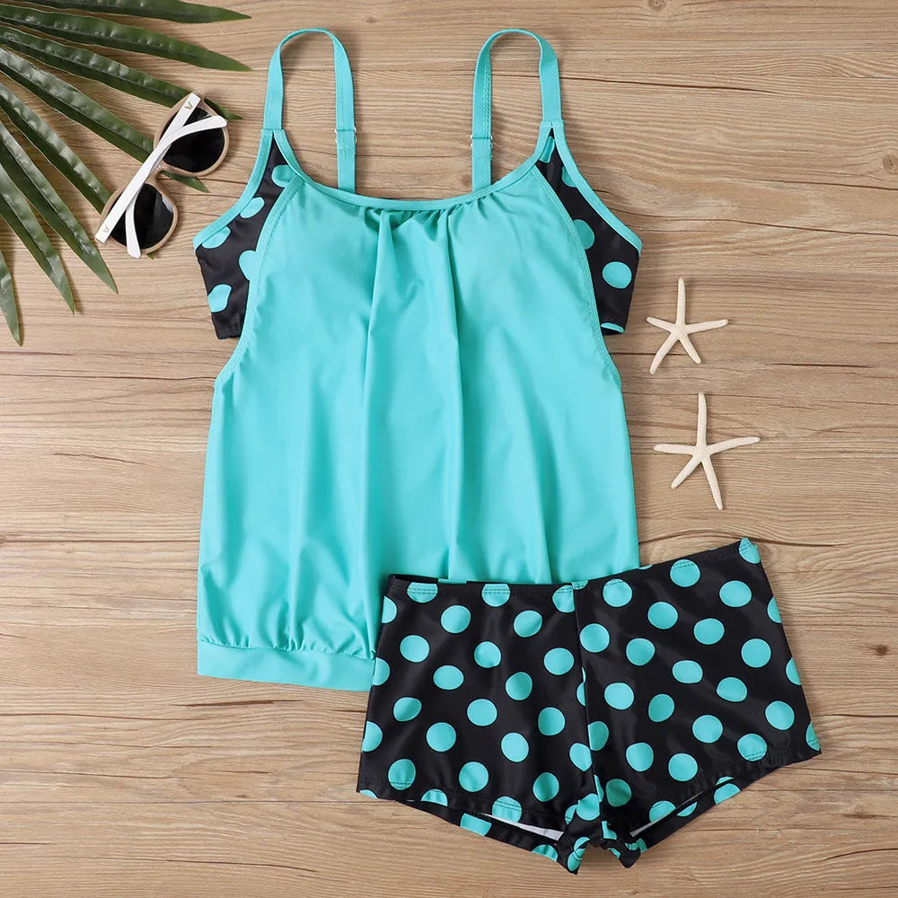 Women's polka dot swimsuit briefs set with high-waist conservative design in polyester fabric
