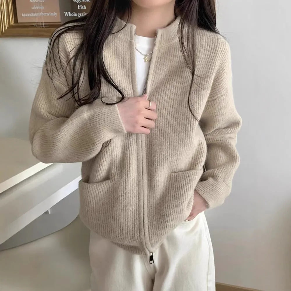 Soft viscose knit sweater coat cardigan with long sleeves in beige, grey, black, or khaki.