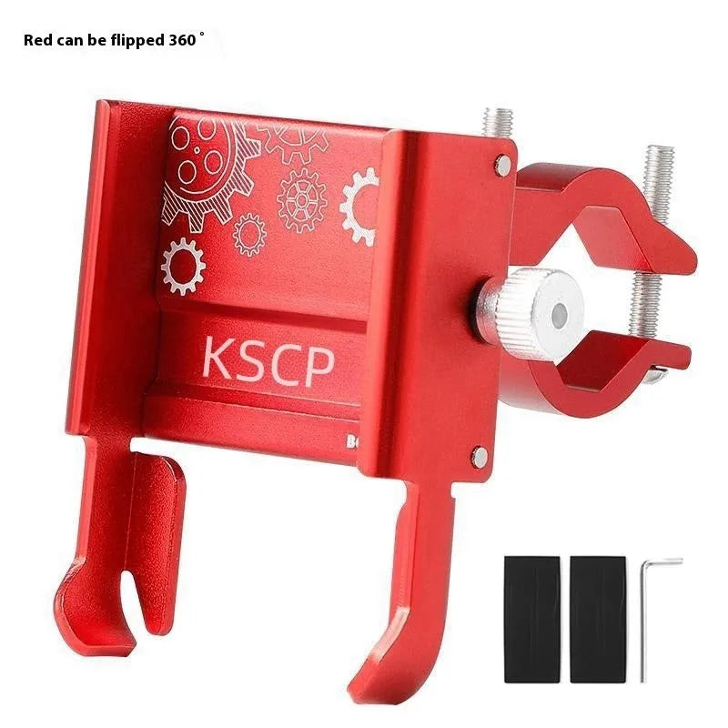 Aluminium alloy mobile phone holder mounted on bicycle handlebars showing black colour option