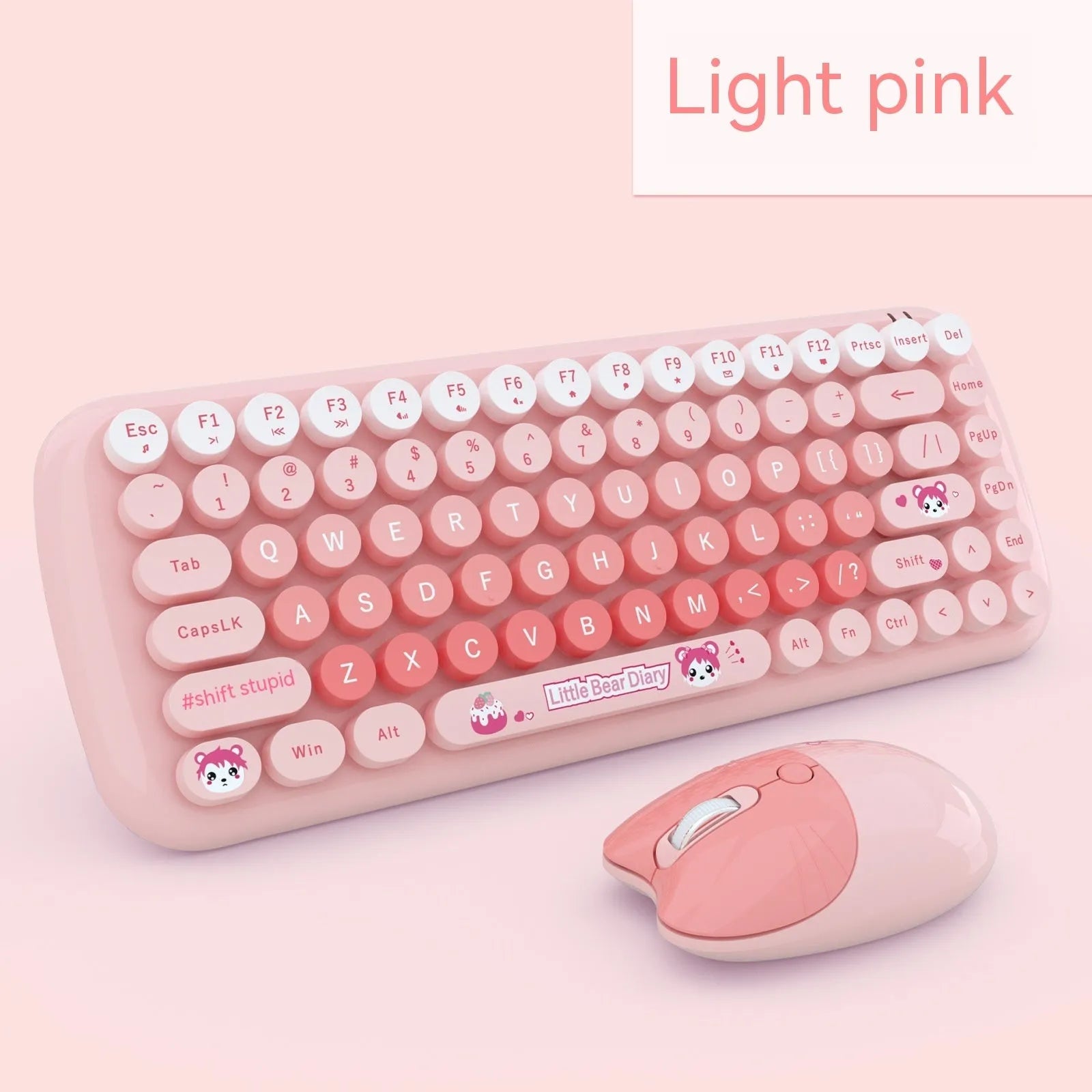 Candy pink compact wireless keyboard and mouse set with USB receiver on a desk