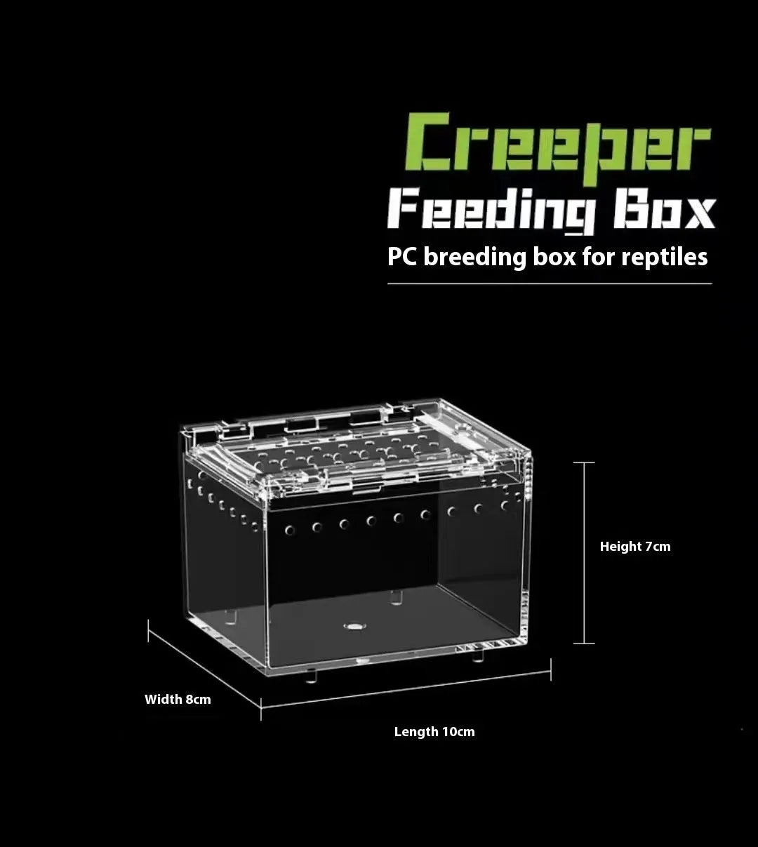 Transparent acrylic reptile feeding box showing ventilation design and clear PC construction